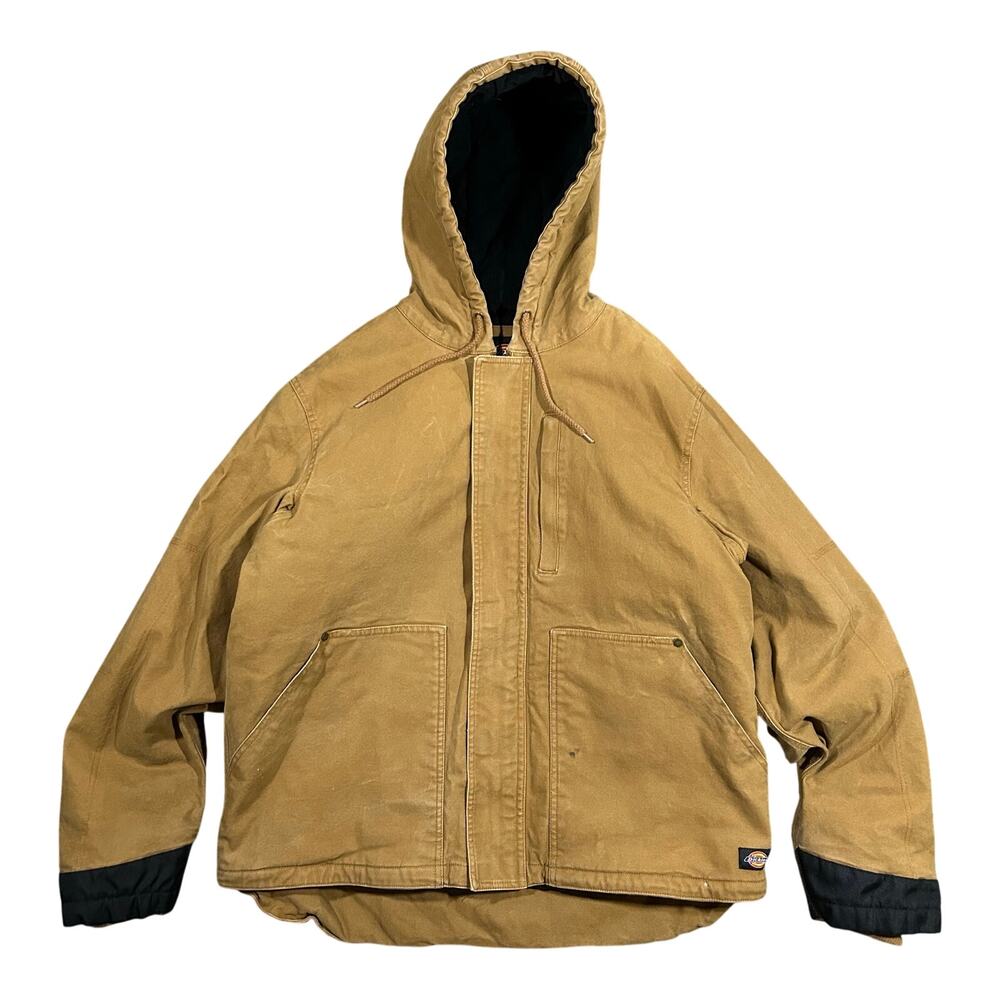 Dickies Canvas Hooded Jacket Mens XL Workwear Thermal Lined Full Zip Tan Work
